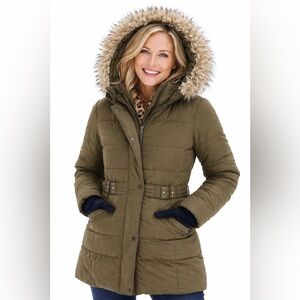 Patrizia Luca Milano - Olive Green Hooded Puffer Coat with Faux Fur Trim